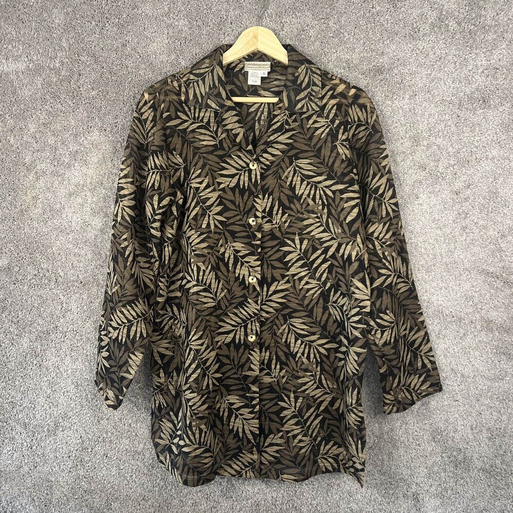 Coldwater Creek Shirt Womens Small Black Brown Leaf Print Sheer Long Sleeve Top